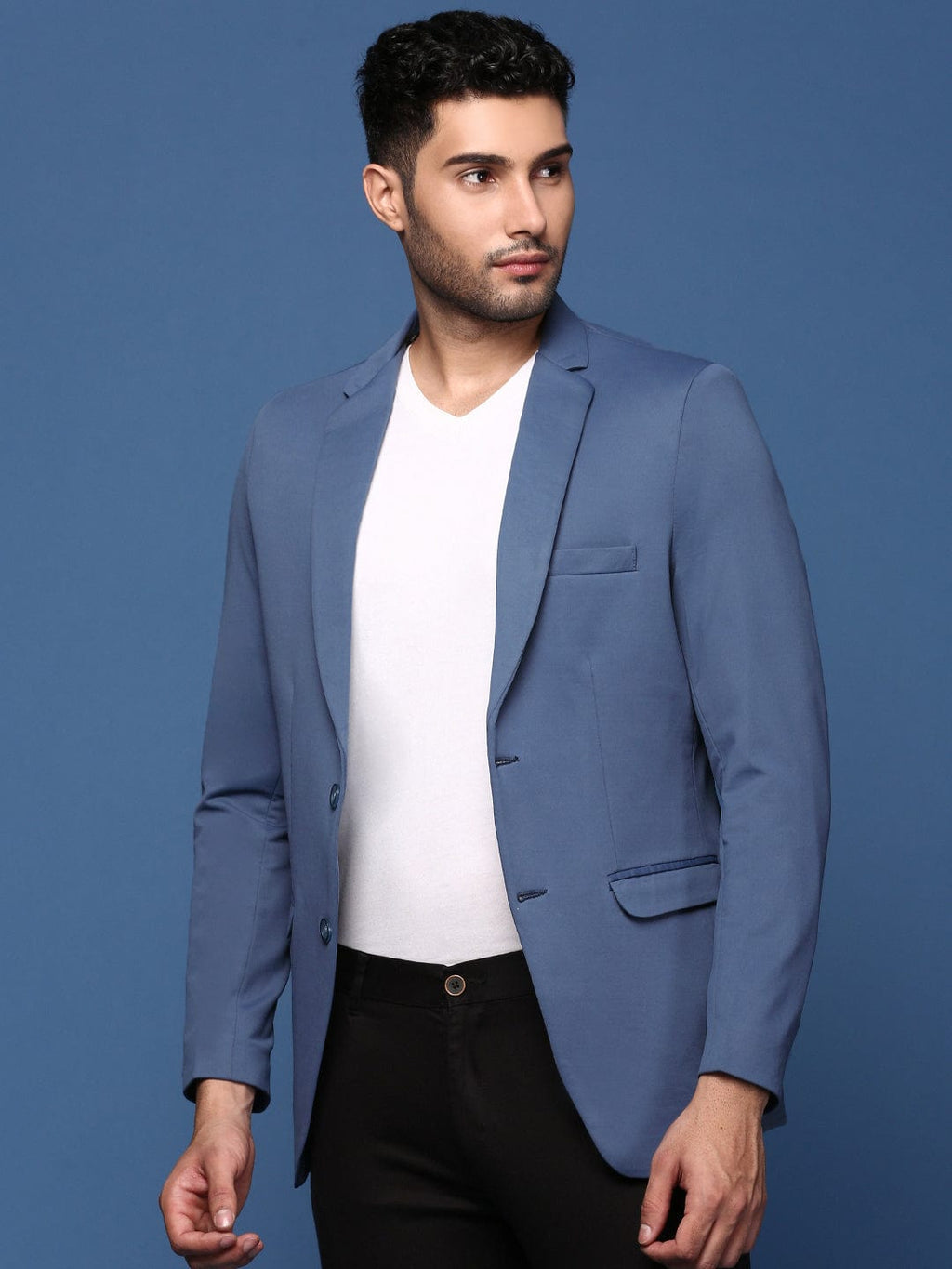 Men's Blue Slim Fit Cotton Single Breasted Blazer