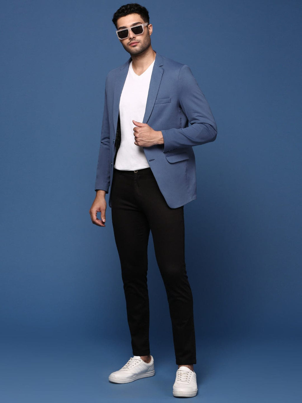 Men's Blue Slim Fit Cotton Single Breasted Blazer