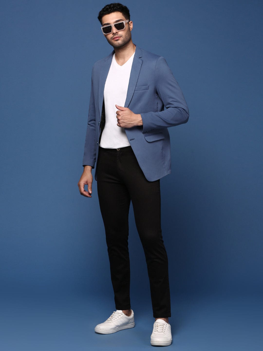 Men's Blue Slim Fit Cotton Single Breasted Blazer