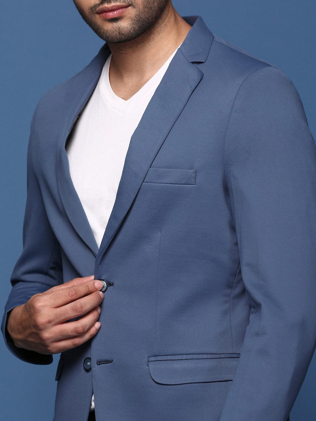 Men's Blue Slim Fit Cotton Single Breasted Blazer