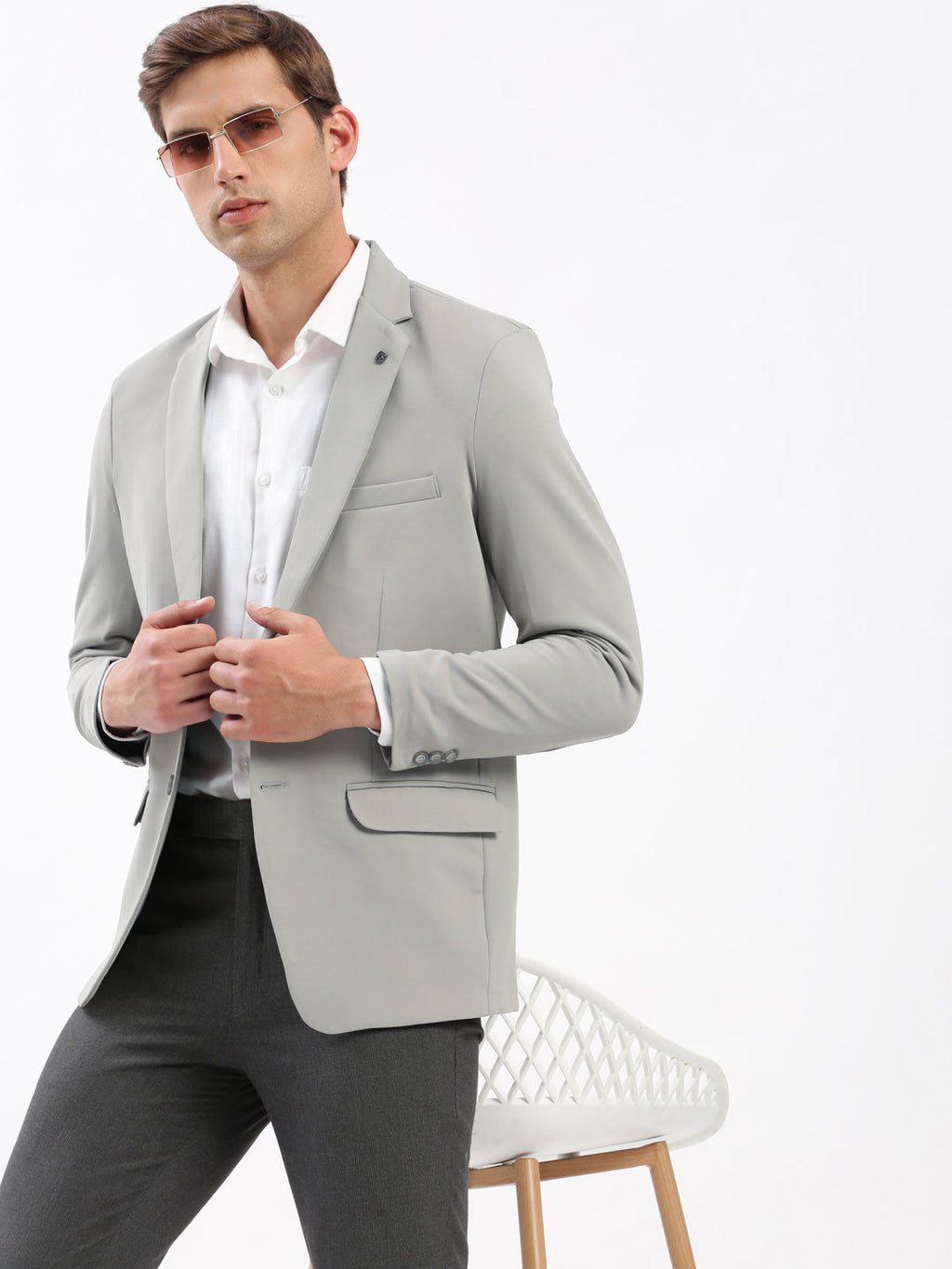 Men's Grey Slim Fit Notched Lapel Single-Breasted Casual Blazer