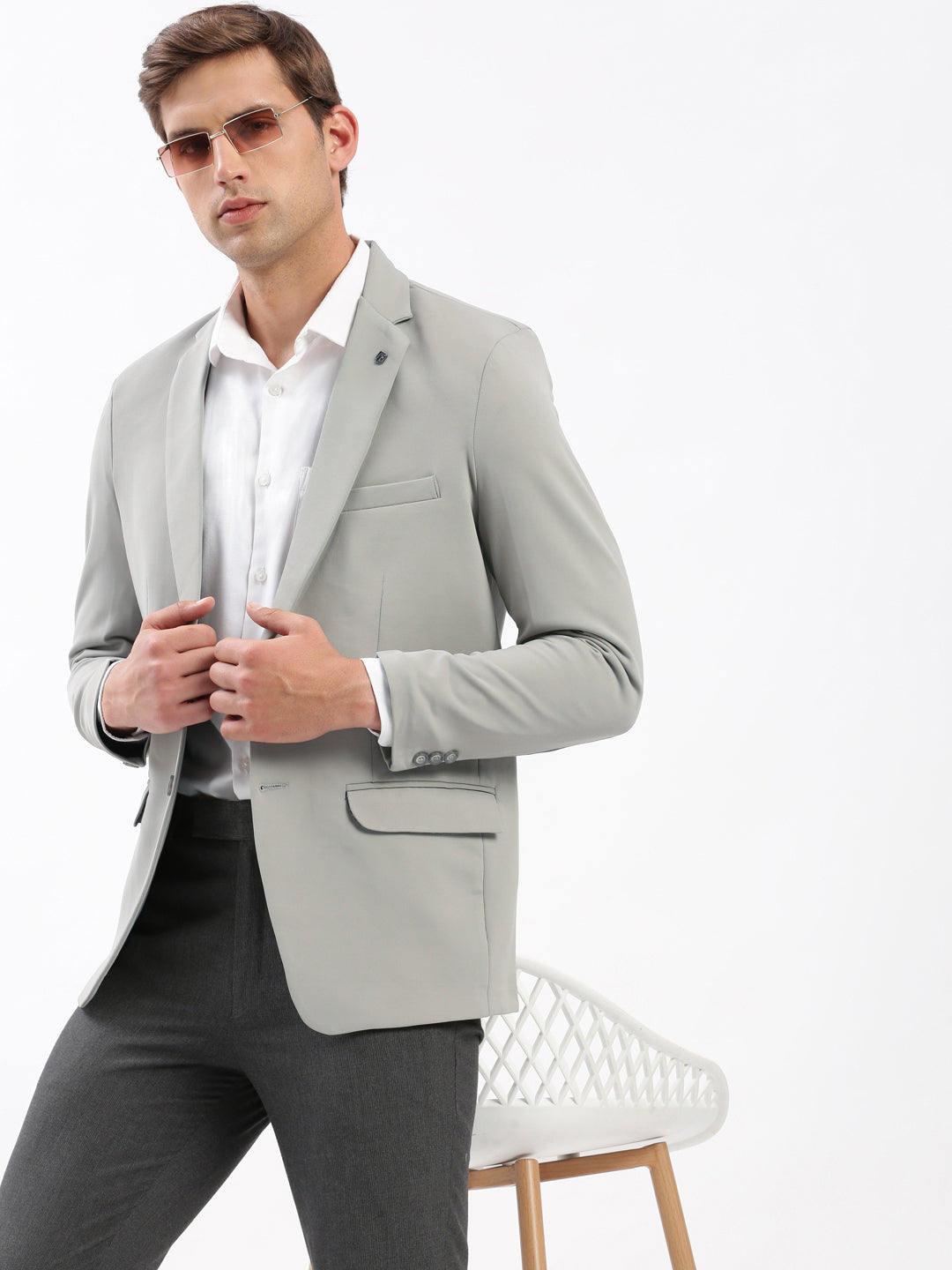 Men's Grey Slim Fit Notched Lapel Single-Breasted Casual Blazer