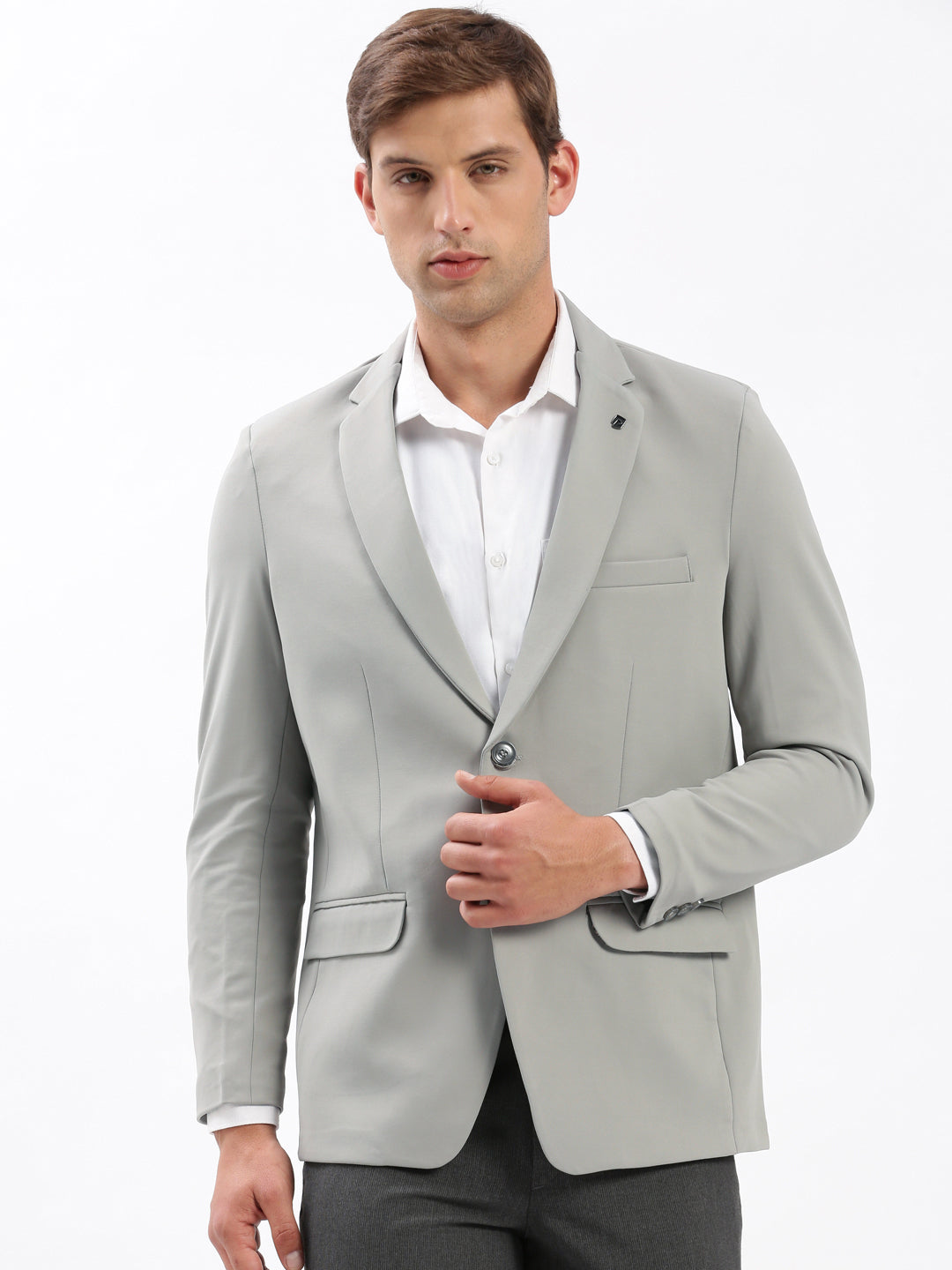 Men's Grey Slim Fit Notched Lapel Single-Breasted Casual Blazer