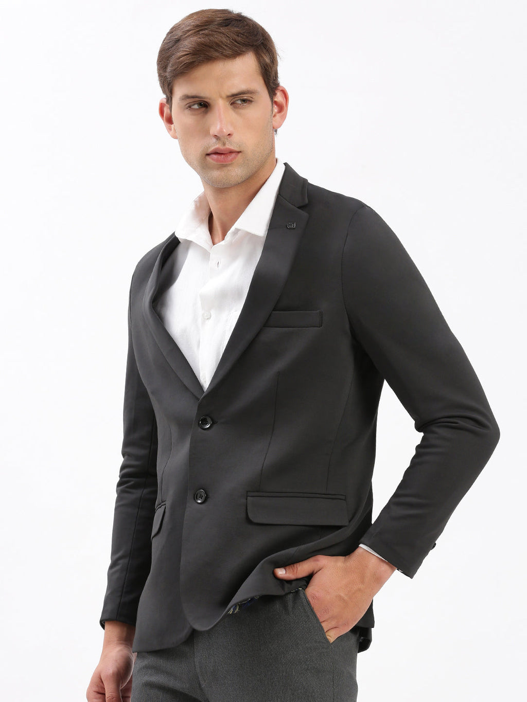 Men's Notched Lapel Solid Charcoal Blazer