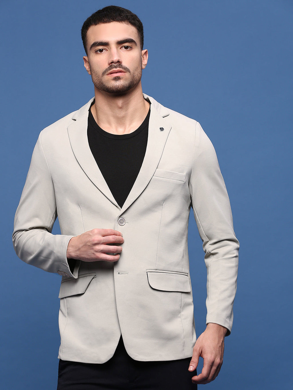 Men's Cream Solid Single Breasted Blazer