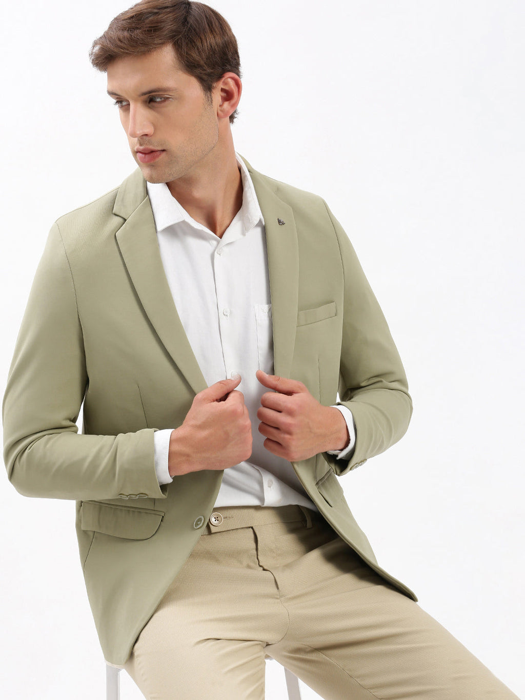 Men's Khaki Slim-Fit Notched Lapel Chambray Single Breasted Blazer
