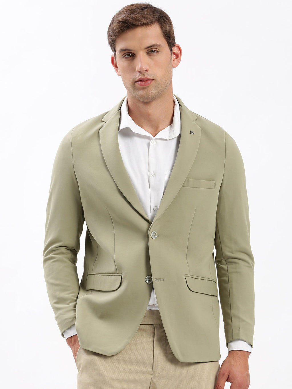 Men's Khaki Slim-Fit Notched Lapel Chambray Single Breasted Blazer
