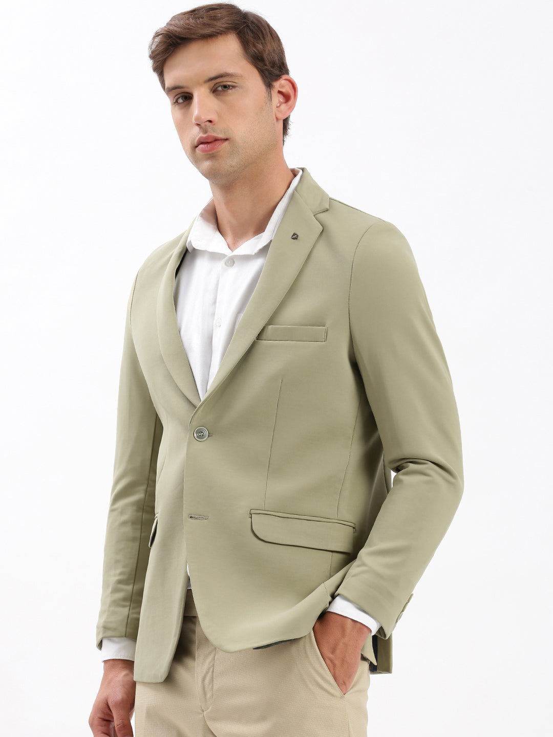 Men's Khaki Slim-Fit Notched Lapel Chambray Single Breasted Blazer