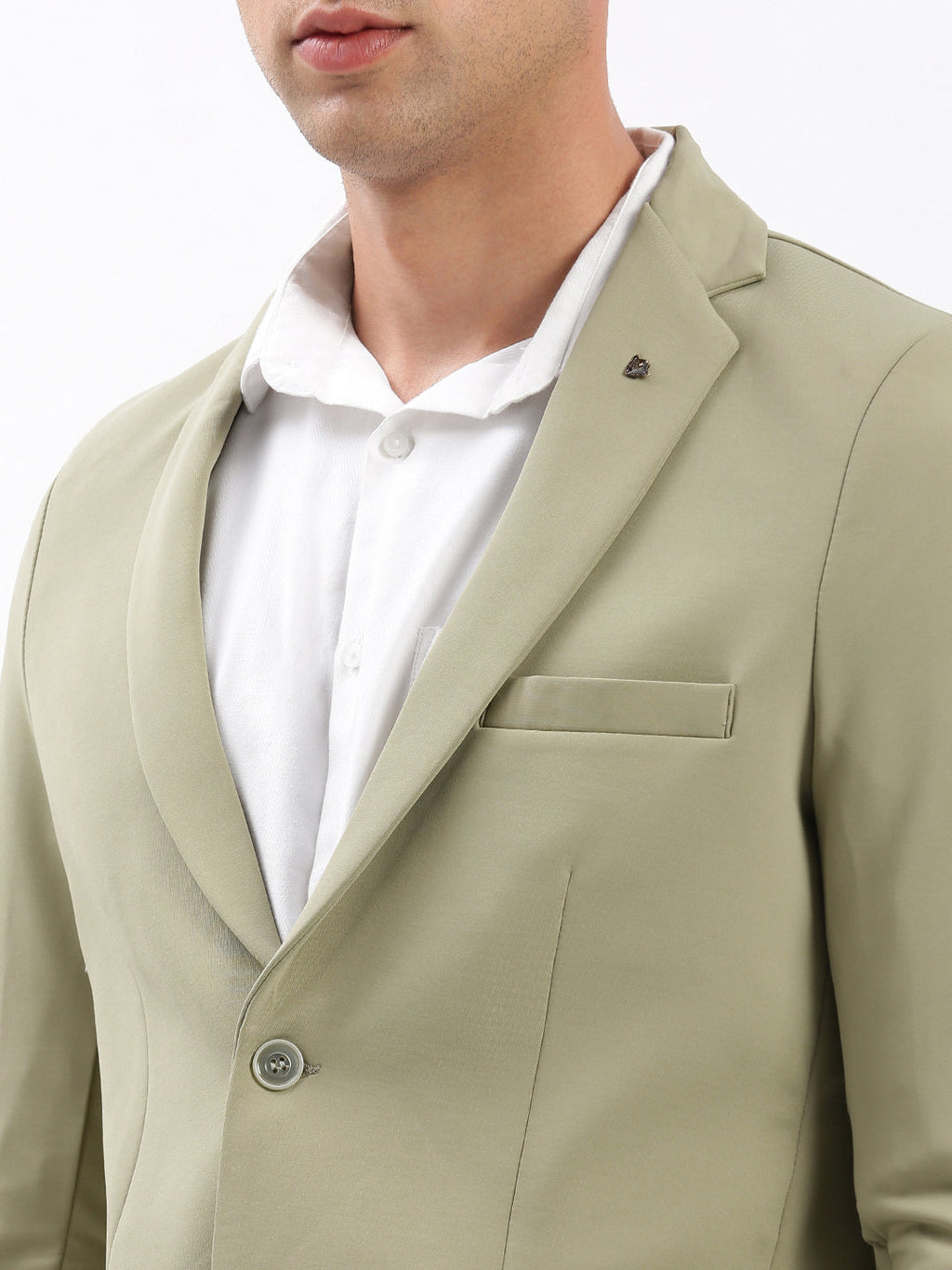 Men's Khaki Slim-Fit Notched Lapel Chambray Single Breasted Blazer