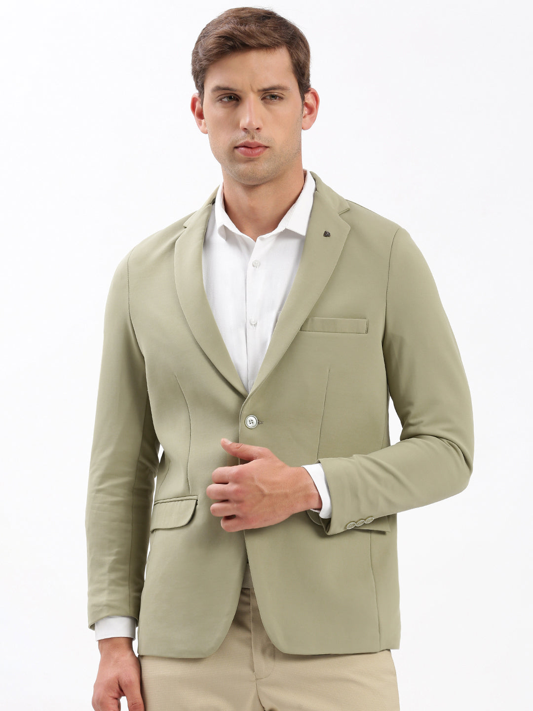 Men's Khaki Slim-Fit Notched Lapel Chambray Single Breasted Blazer