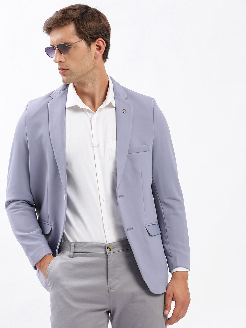 Men's Notched Lapel Solid Lavender Blazer