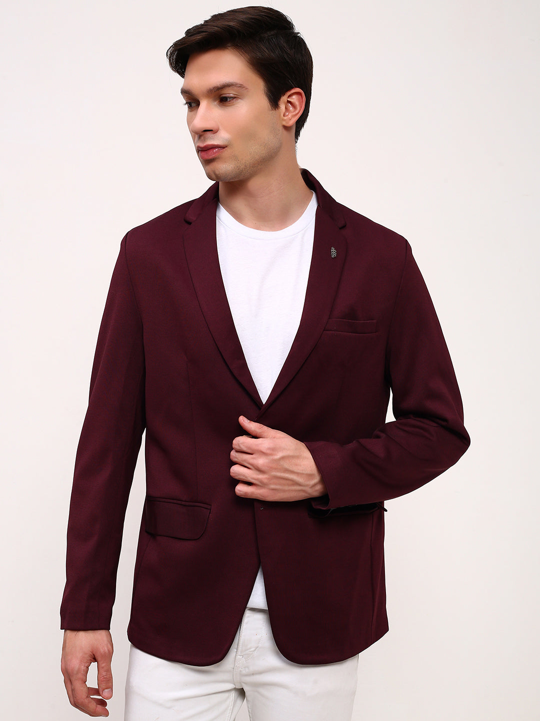 Men's Maroon Solid Single Breasted Blazer