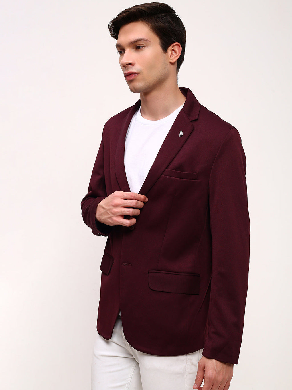Men's Maroon Solid Single Breasted Blazer