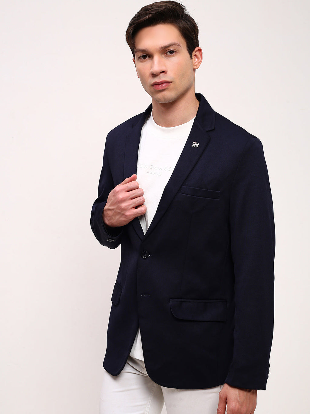 Men's Navy Blue Solid Single Breasted Blazer