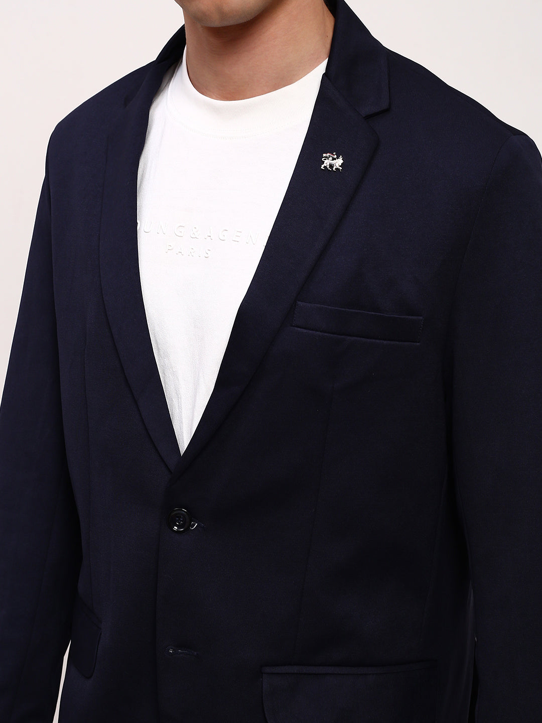 Men's Navy Blue Solid Single Breasted Blazer