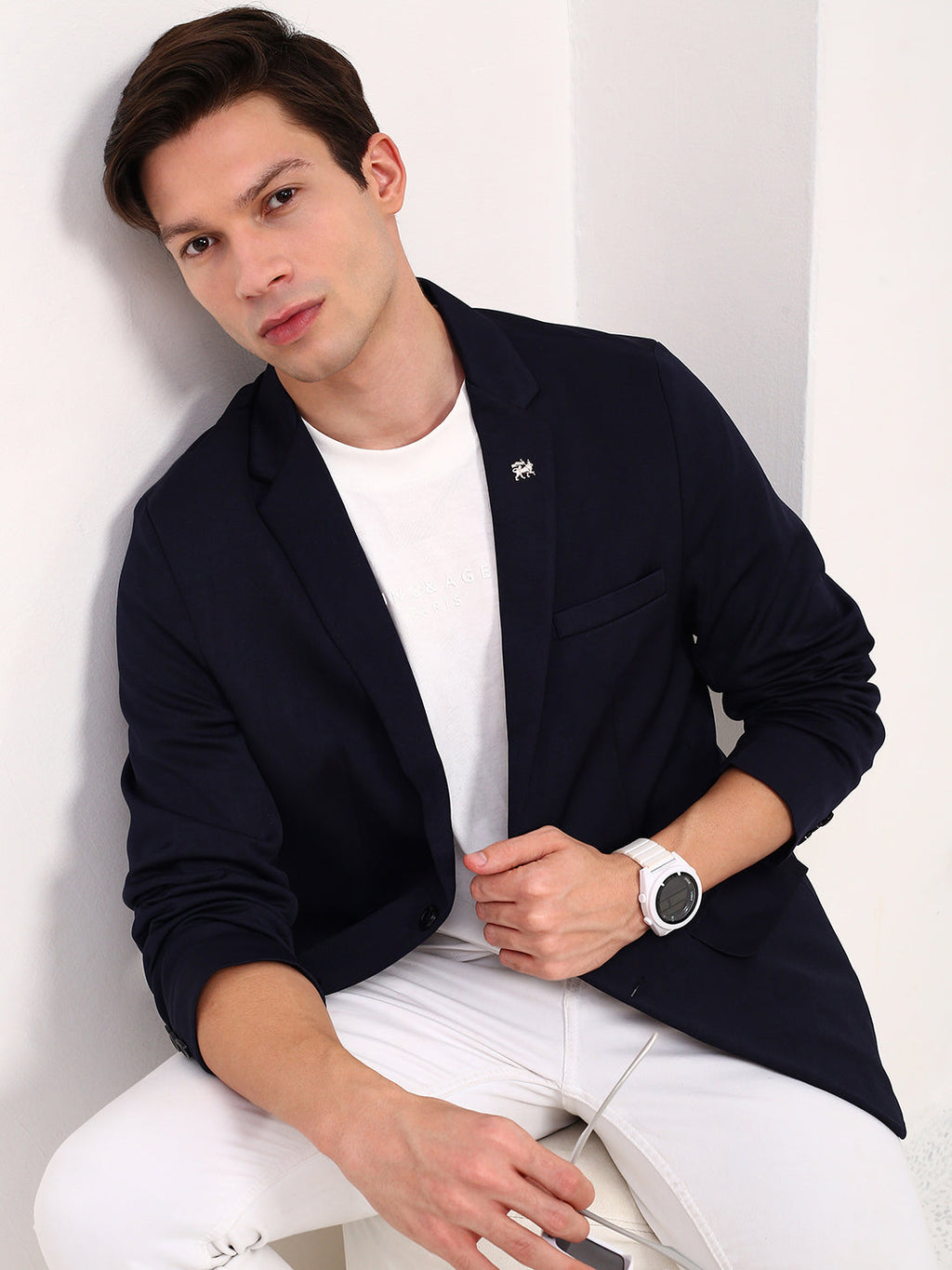 Men's Navy Blue Solid Single Breasted Blazer