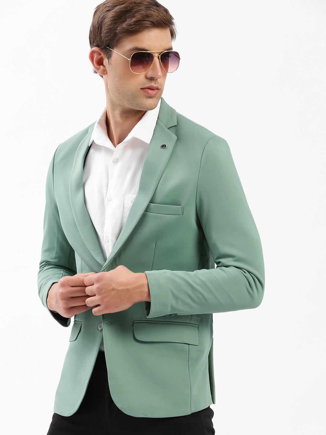 Men's Notched Lapel Solid Sea Green Blazer