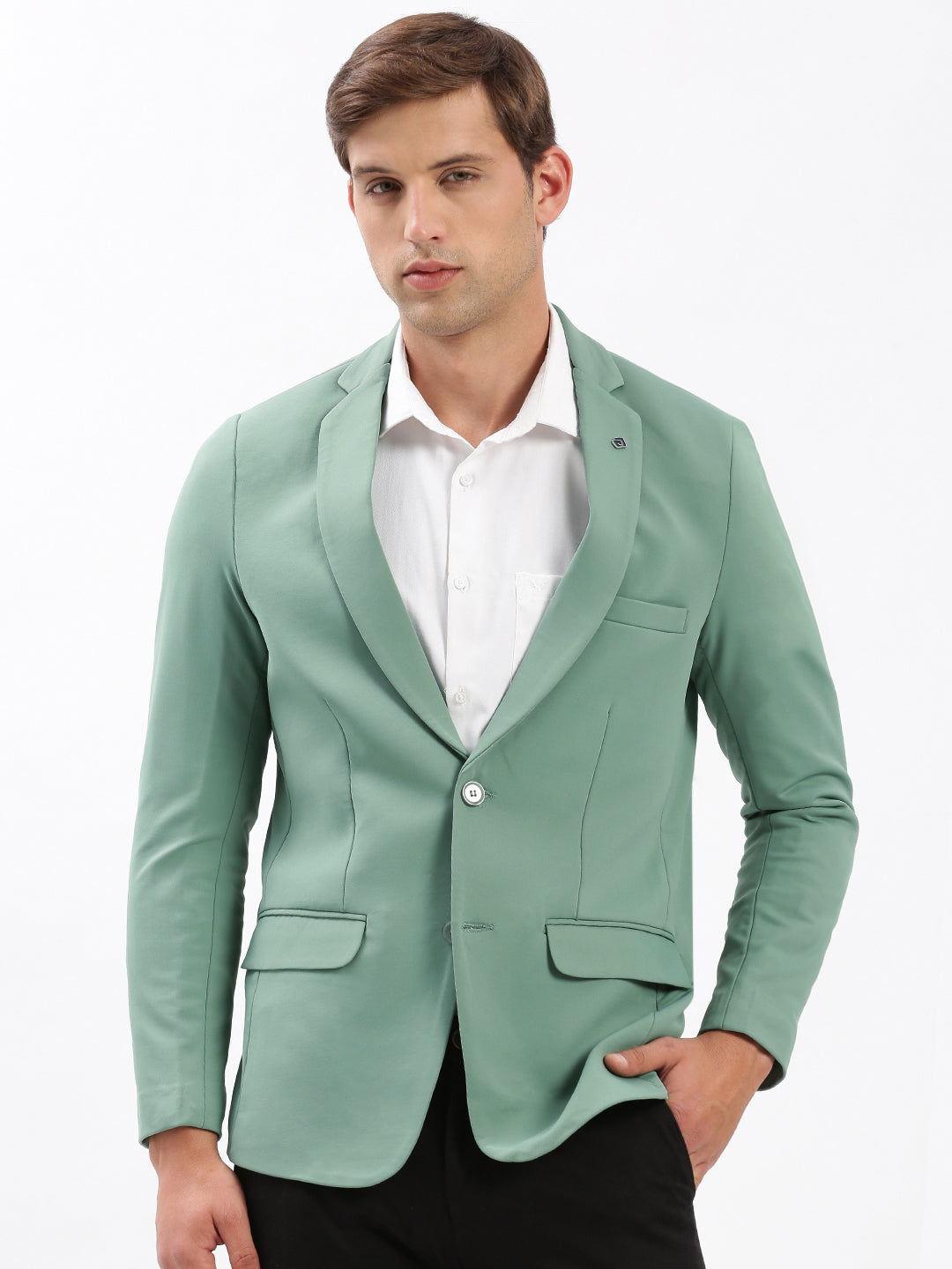 Men's Notched Lapel Solid Sea Green Blazer