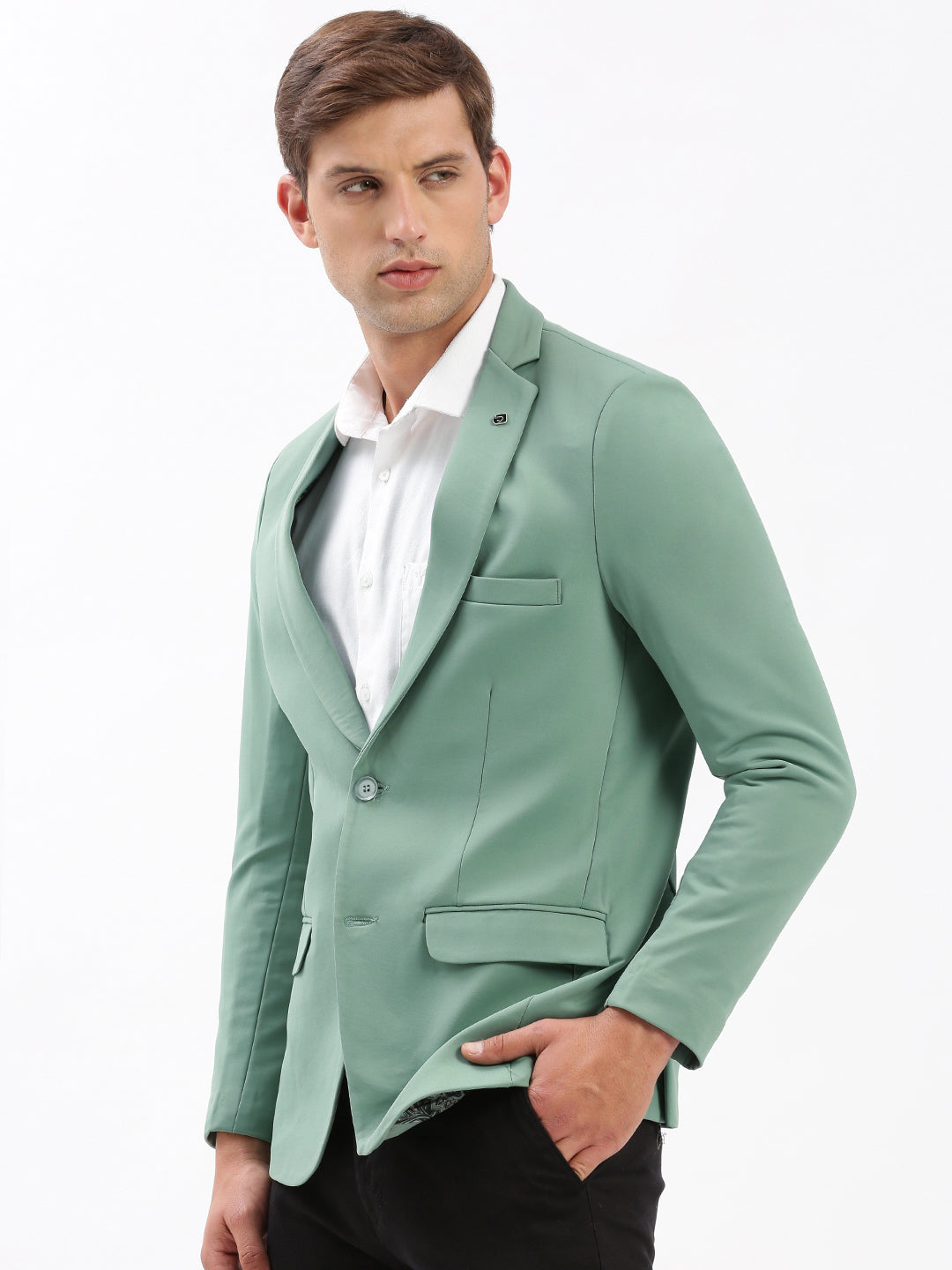 Men's Notched Lapel Solid Sea Green Blazer