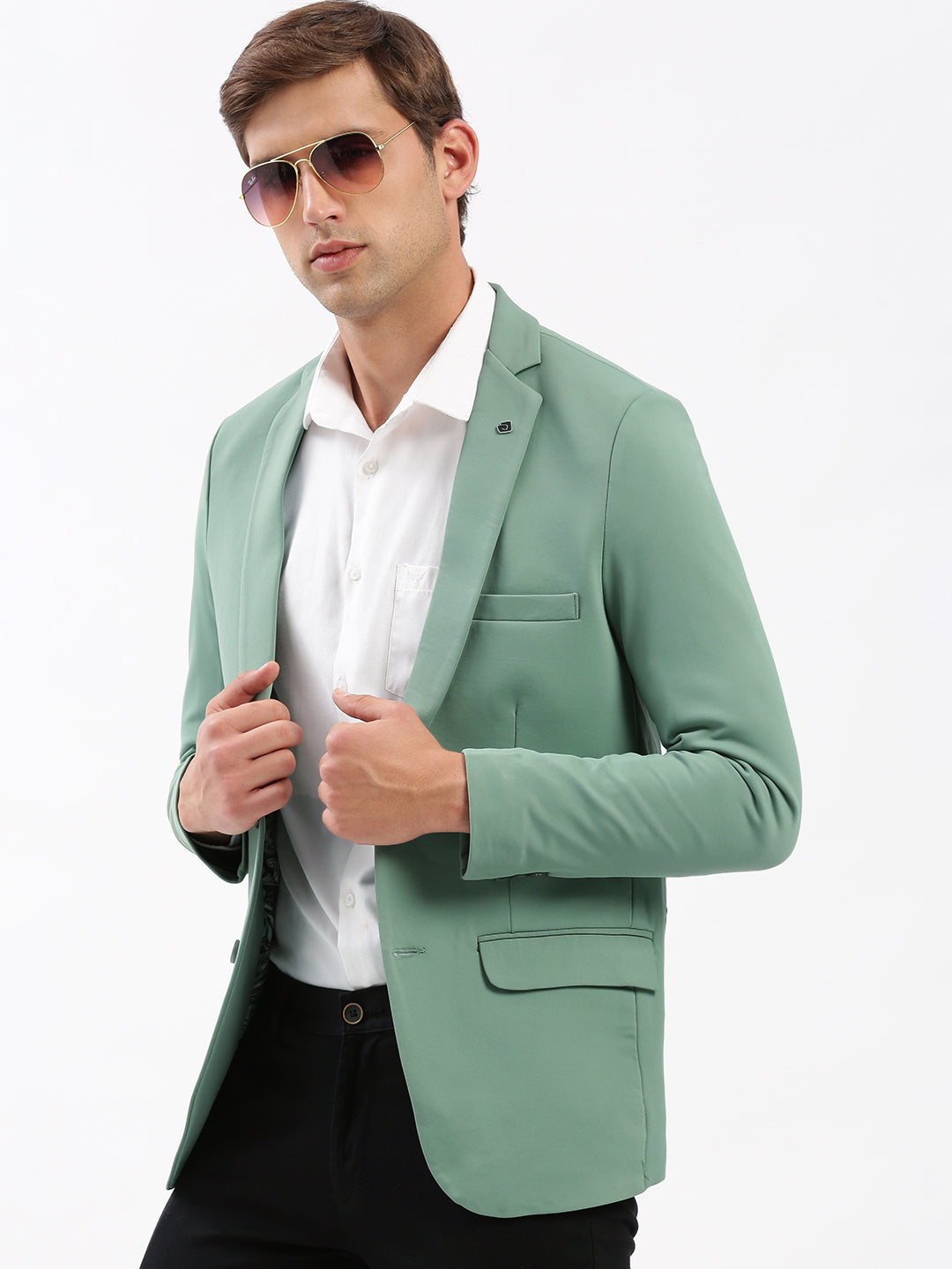 Men's Notched Lapel Solid Sea Green Blazer