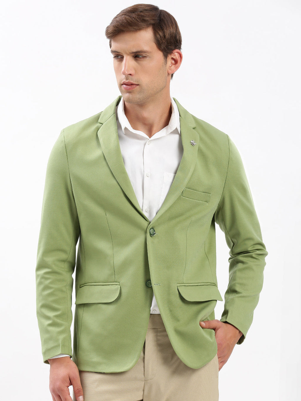 Men's Green Slim-Fit Notched Lapel Collar Single-Breasted Blazer