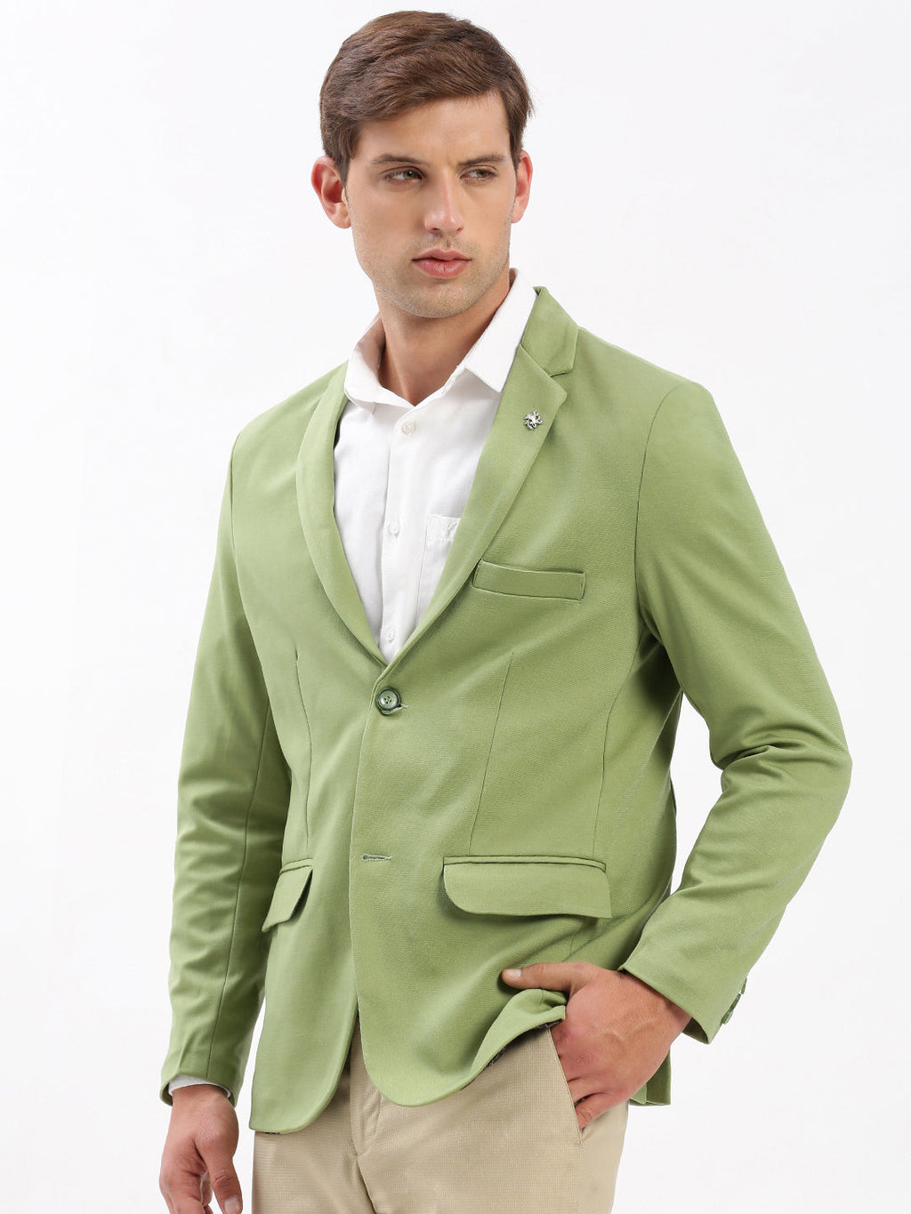 Men's Green Slim-Fit Notched Lapel Collar Single-Breasted Blazer