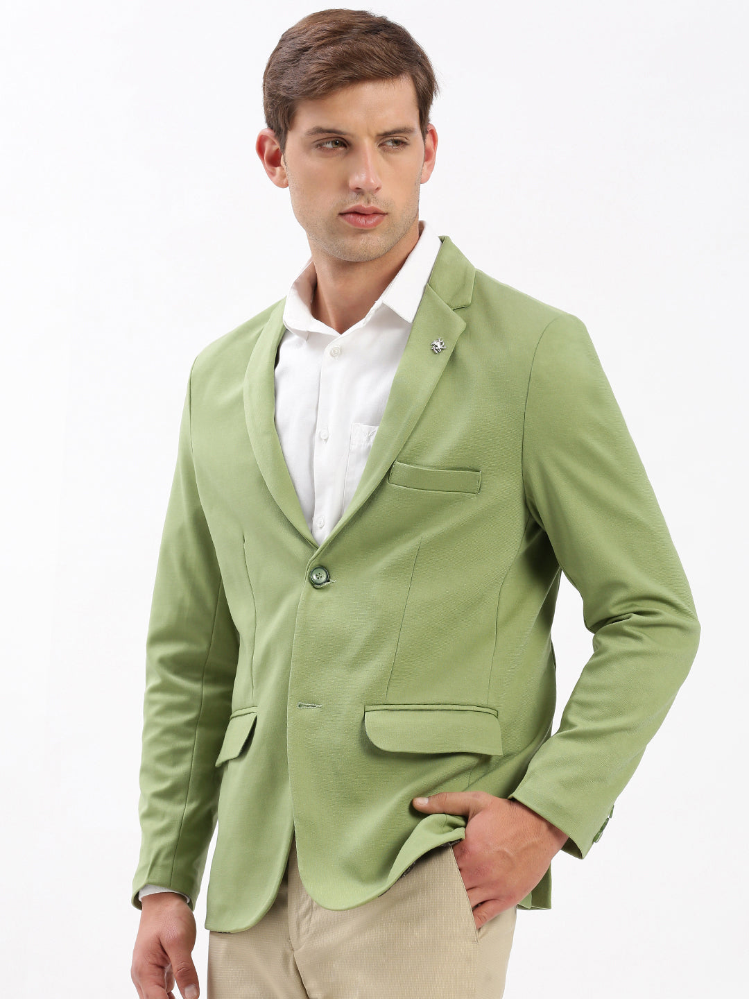 Men's Green Slim-Fit Notched Lapel Collar Single-Breasted Blazer