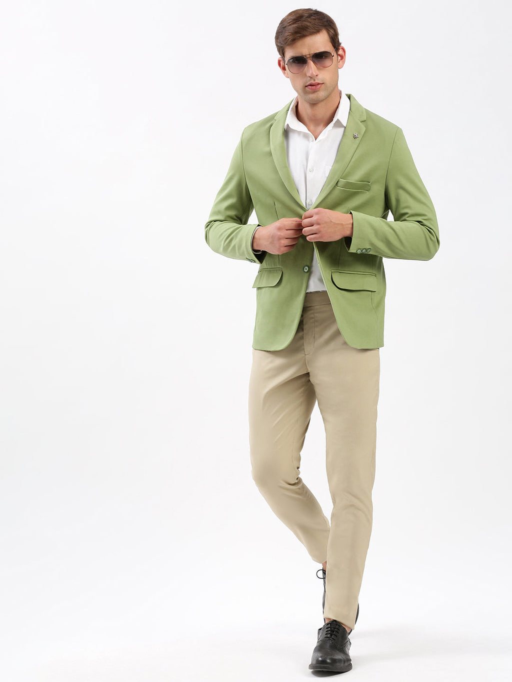 Men's Green Slim-Fit Notched Lapel Collar Single-Breasted Blazer