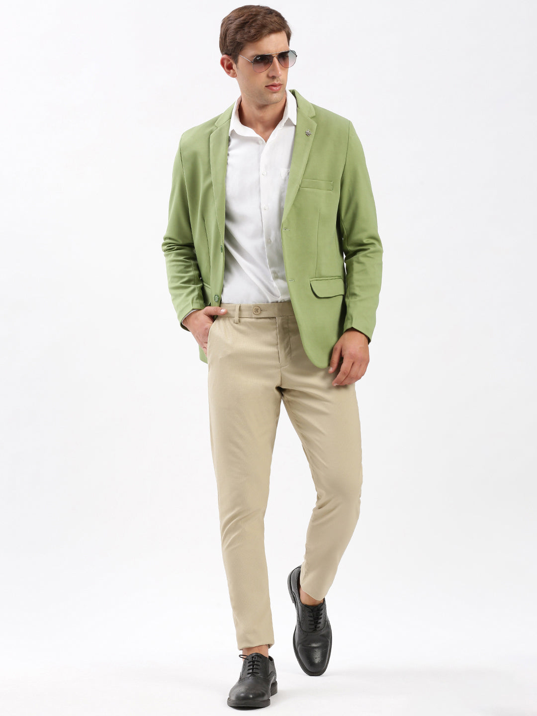 Men's Green Slim-Fit Notched Lapel Collar Single-Breasted Blazer