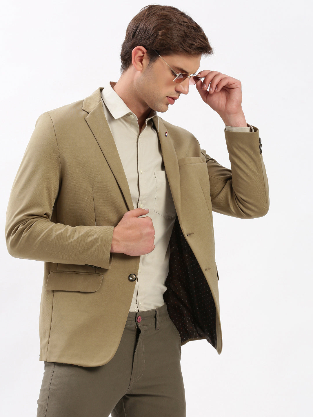 Men's Notched Lapel Solid Khaki Blazer