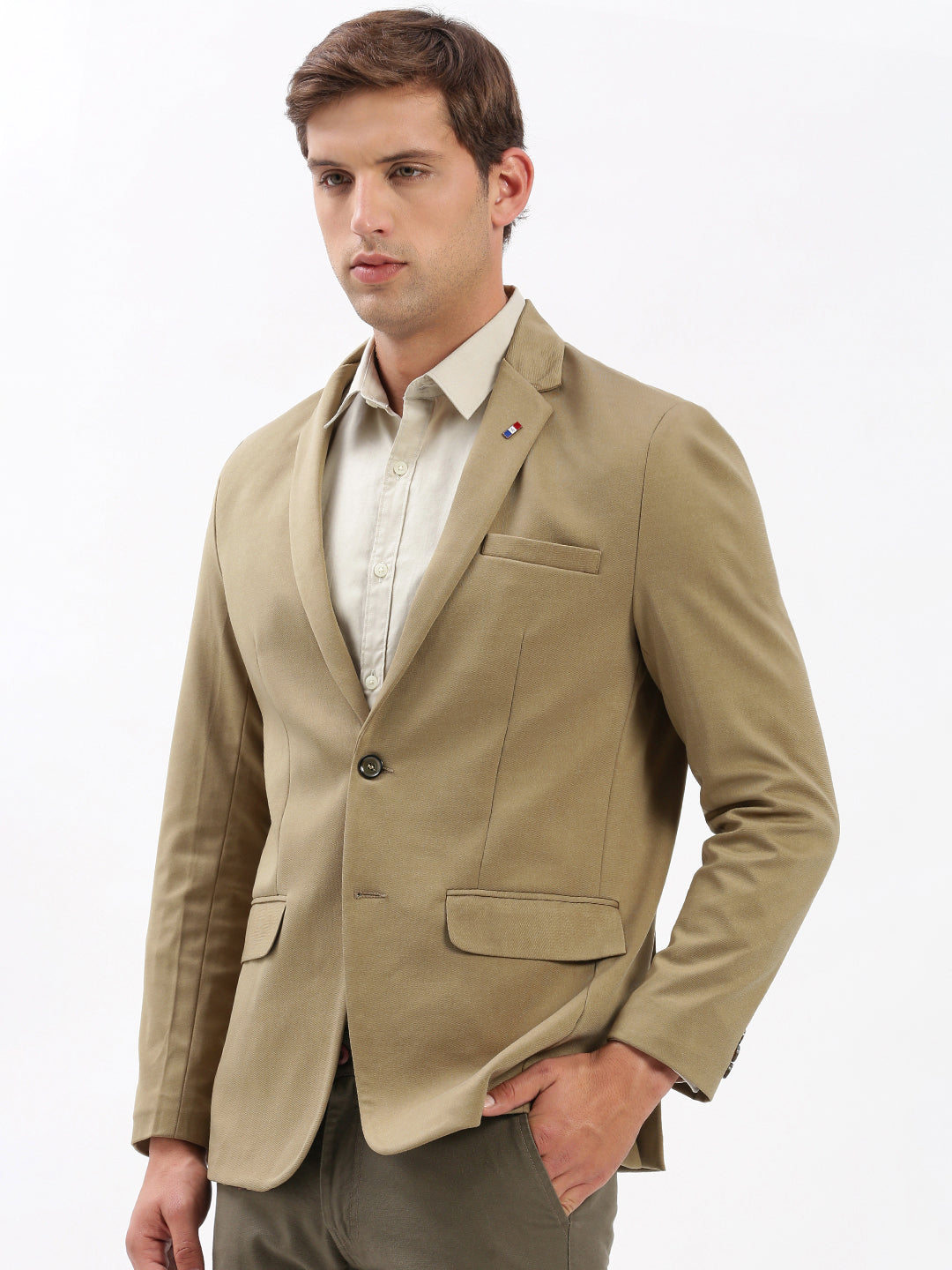 Men's Notched Lapel Solid Khaki Blazer