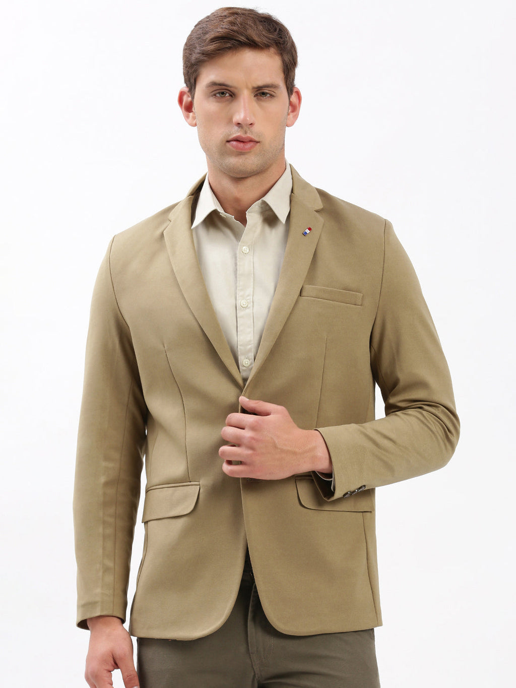 Men's Notched Lapel Solid Khaki Blazer