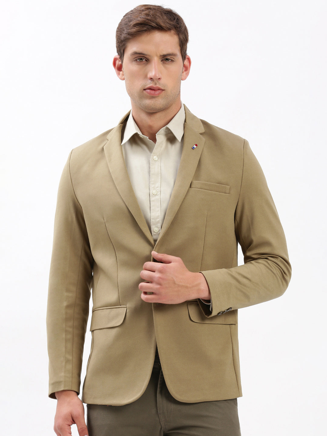 Men's Notched Lapel Solid Khaki Blazer