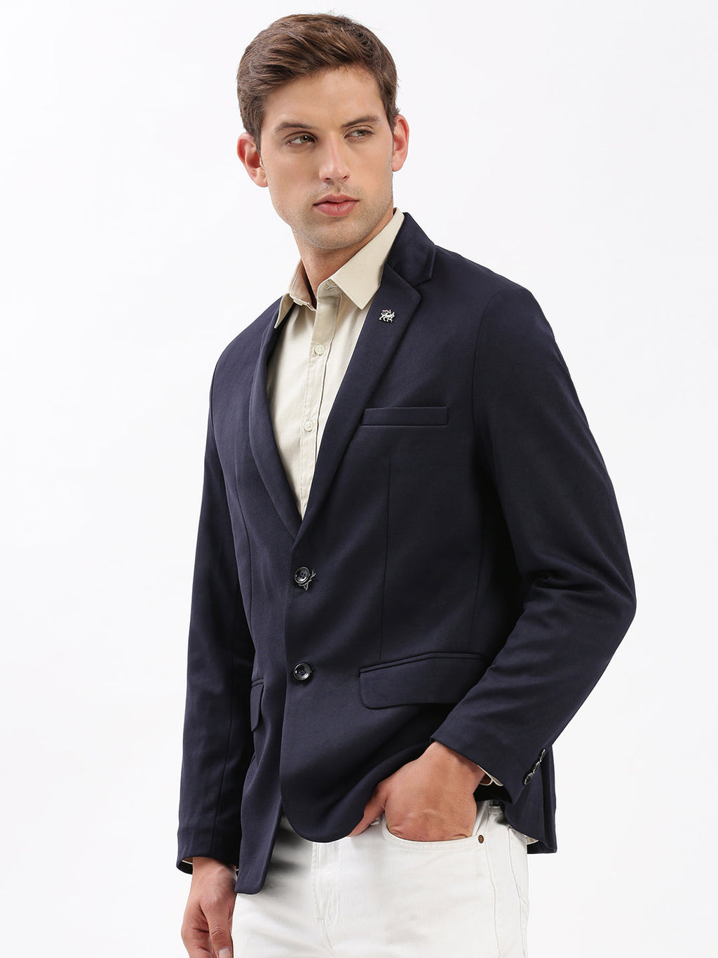 Men's Navy Blue Slim-Fit Notched Lapel Single Breasted Blazer