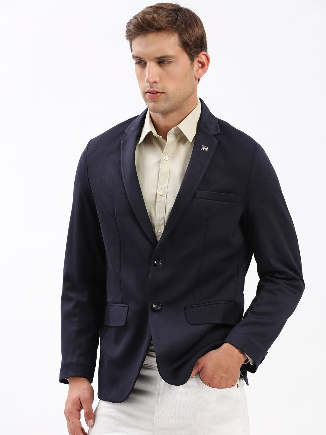 Men's Navy Blue Slim-Fit Notched Lapel Single Breasted Blazer