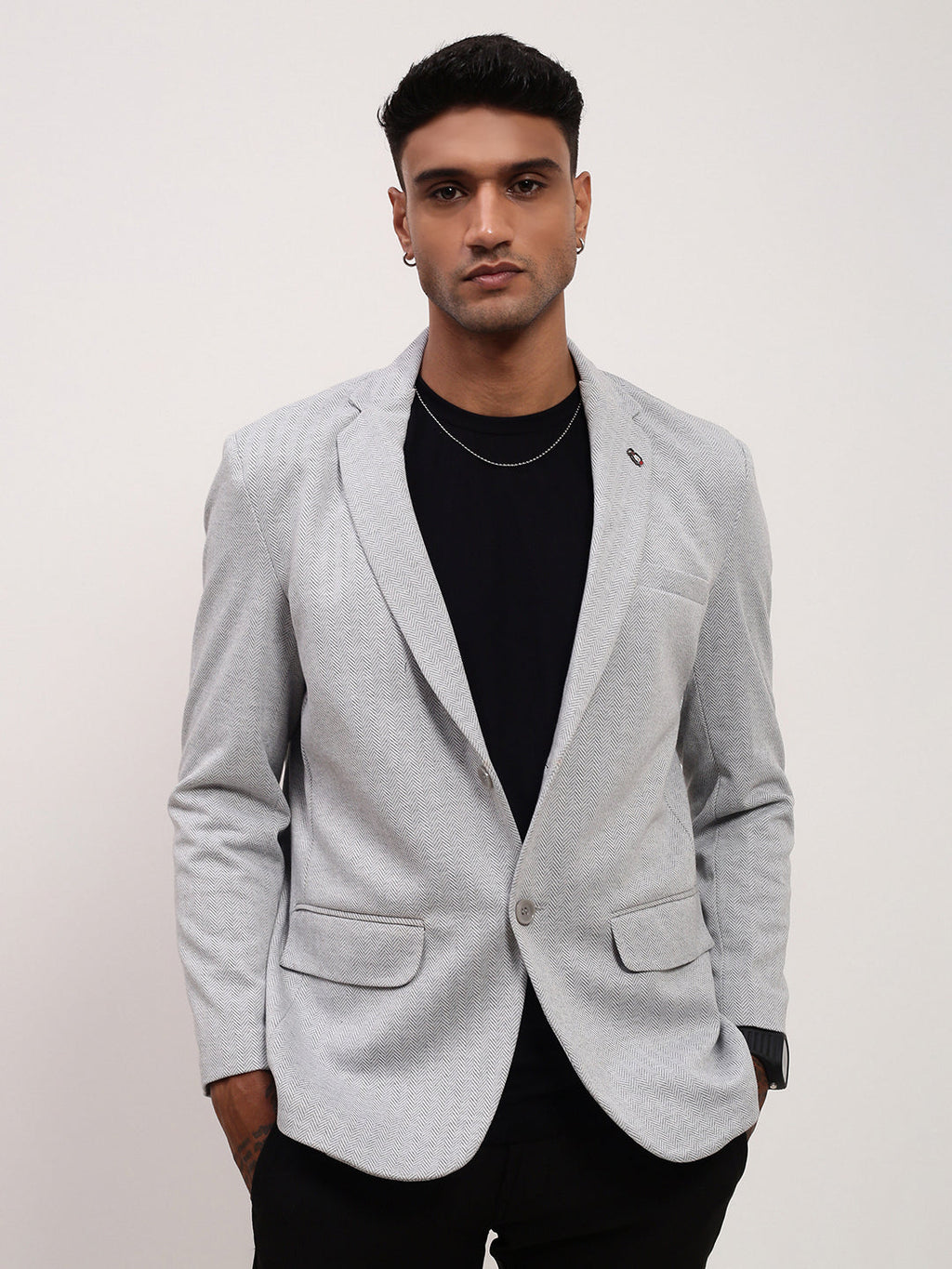 Men's Grey Solid Single-Breasted Blazer