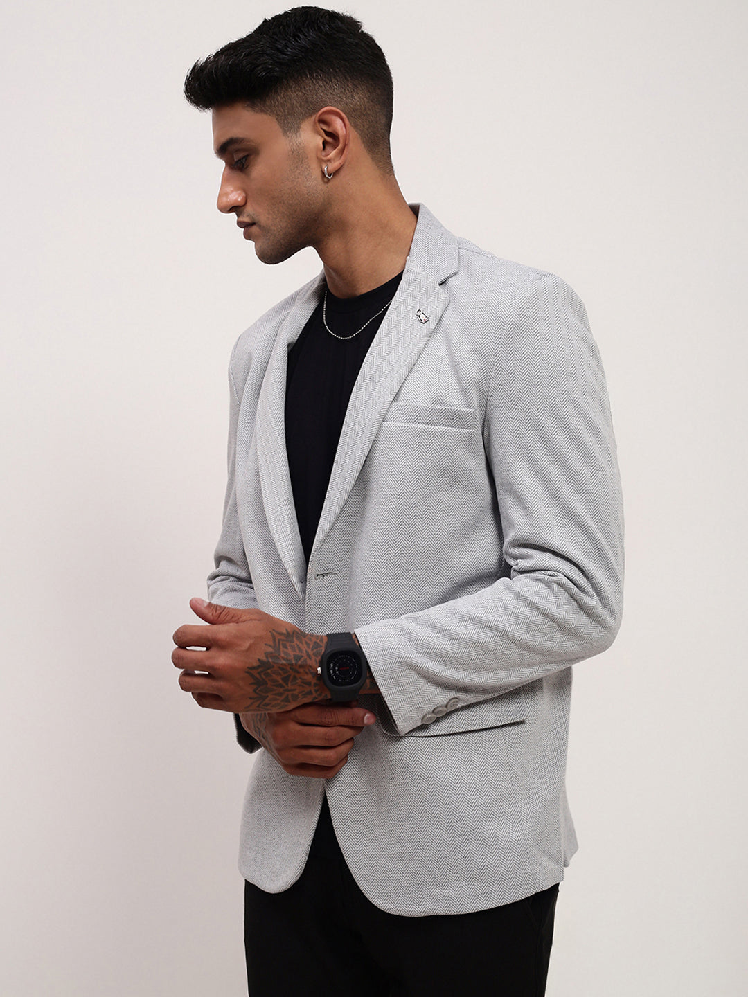 Men's Grey Solid Single-Breasted Blazer