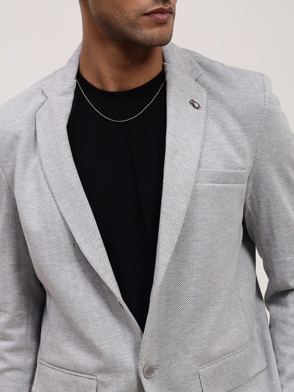 Men's Grey Solid Single-Breasted Blazer