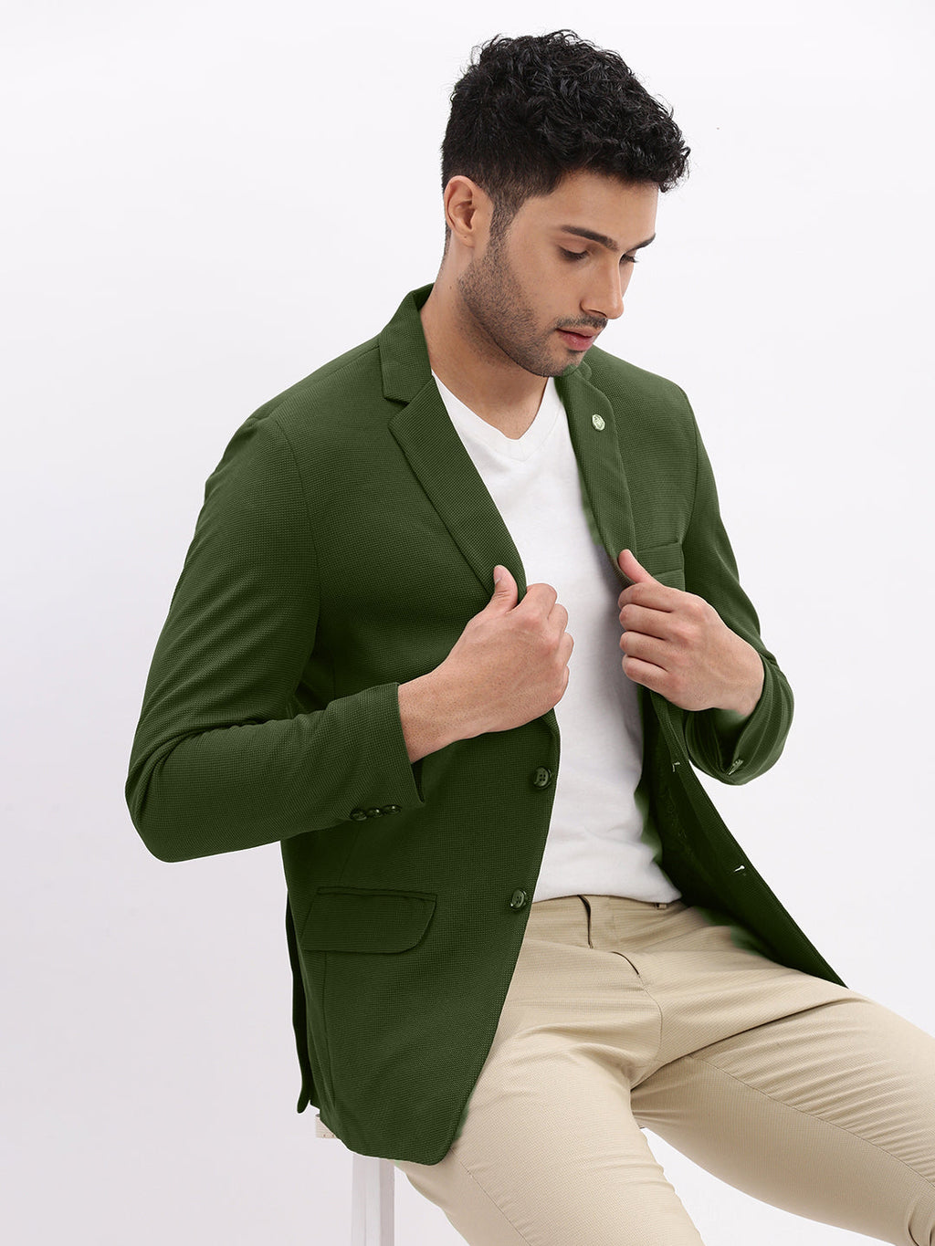 Men's Green Solid Single Breasted Blazer