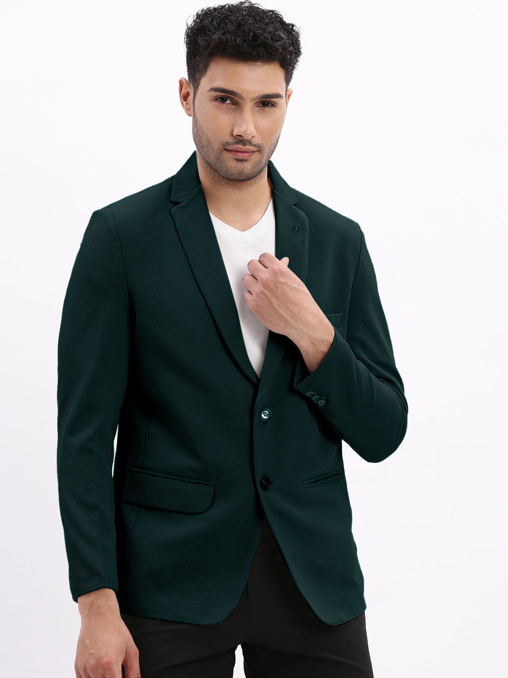 Men's Textured Teal Single-Breasted Blazer with Notched Lapel