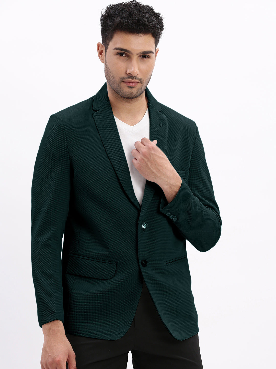 Men's Textured Teal Single-Breasted Blazer with Notched Lapel