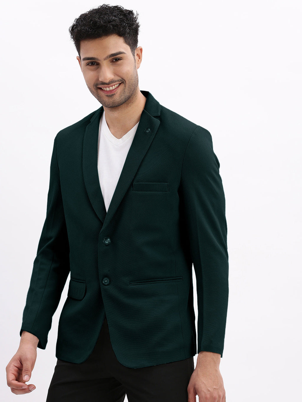 Men's Textured Teal Single-Breasted Blazer with Notched Lapel