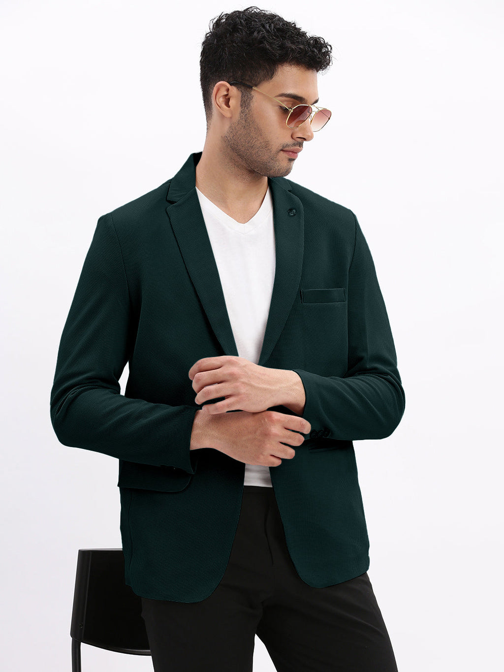 Men's Textured Teal Single-Breasted Blazer with Notched Lapel