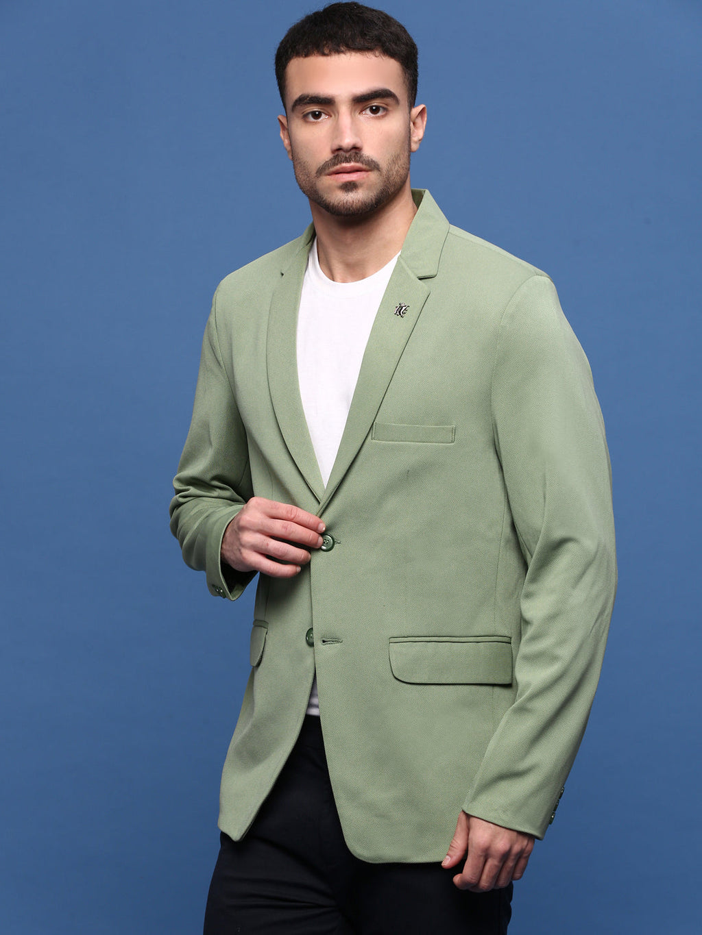 Men's Green Solid Single Breasted Blazer