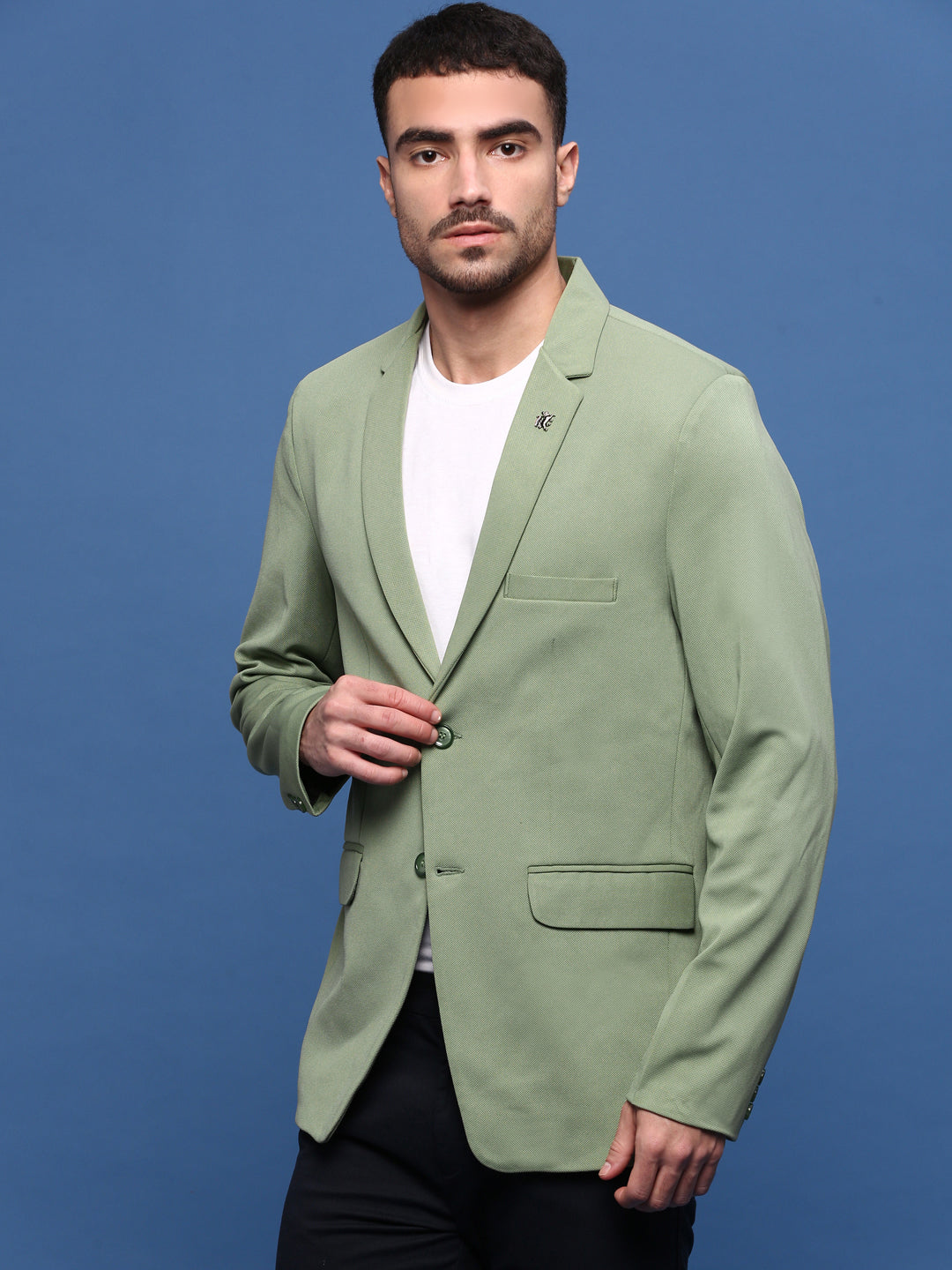 Men's Green Solid Single Breasted Blazer