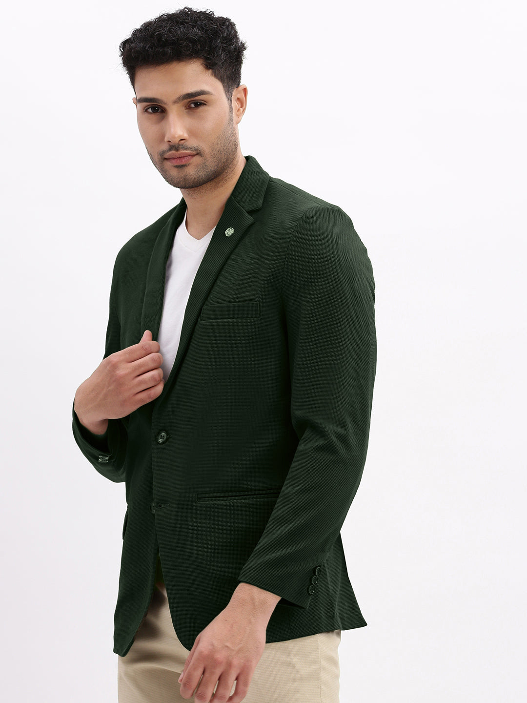 Men's Textured Dark Green Single-Breasted Blazer with Notched Lapel