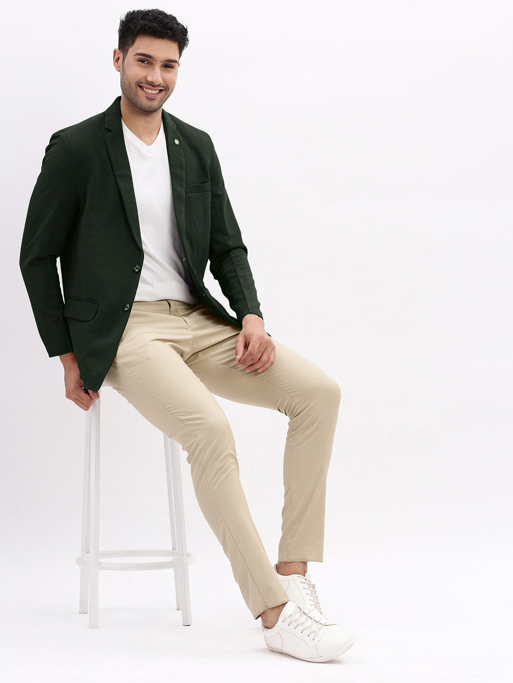 Men's Textured Dark Green Single-Breasted Blazer with Notched Lapel