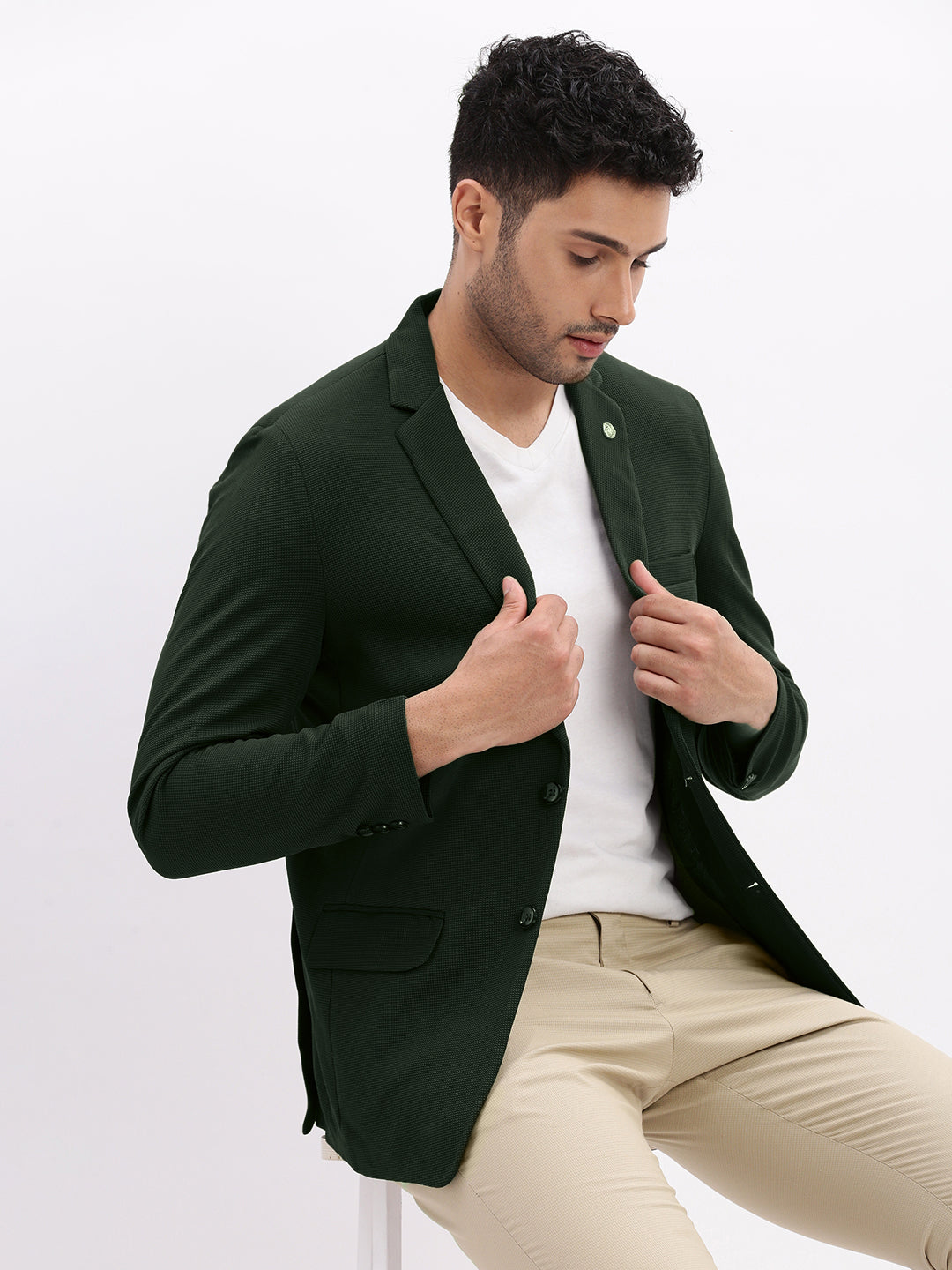 Men's Textured Dark Green Single-Breasted Blazer with Notched Lapel