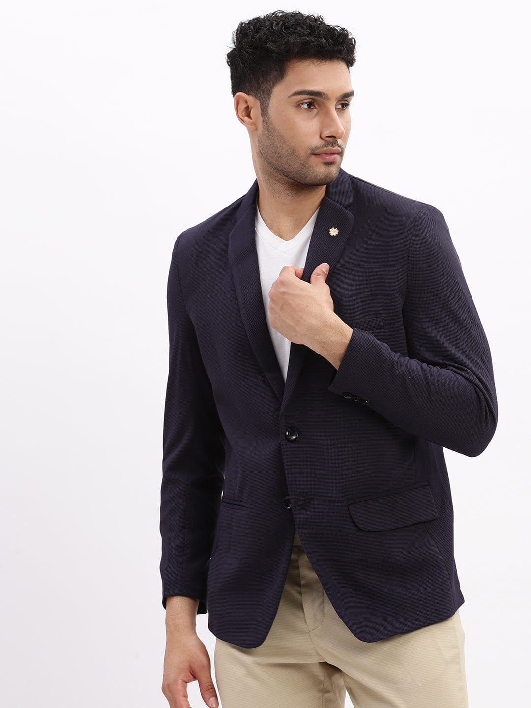 Men's Navy Blue Slim-Fit Notched Lapel Collar Single Breasted Cotton Casual Blazer