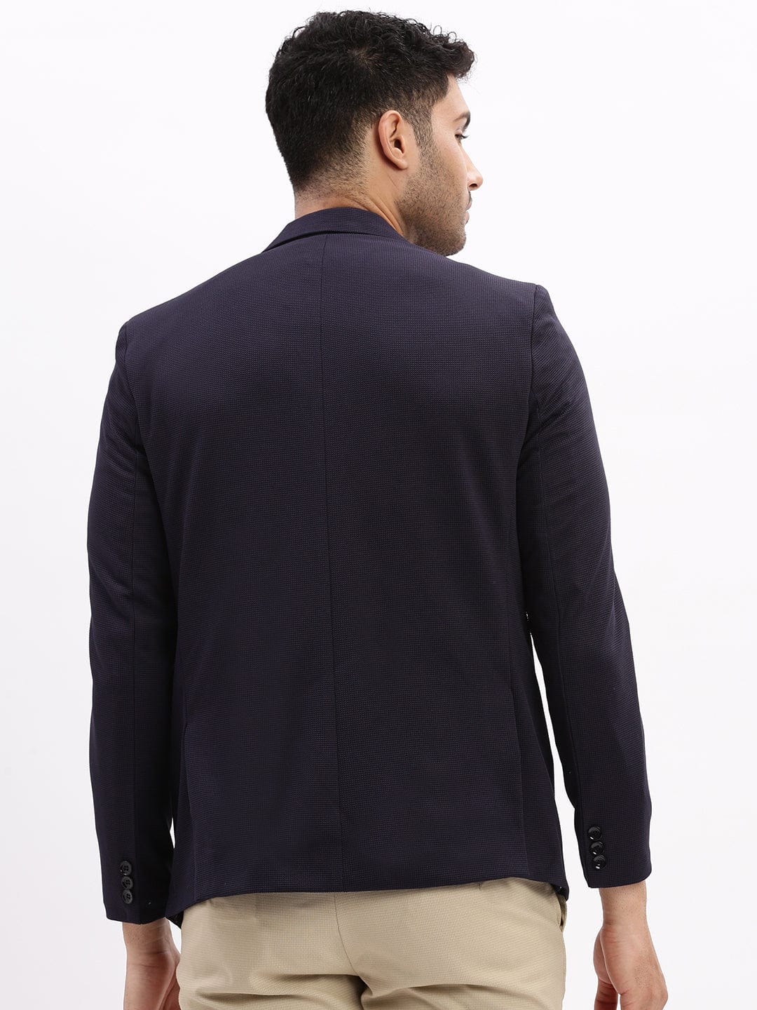 Men's Navy Blue Slim-Fit Notched Lapel Collar Single Breasted Cotton Casual Blazer